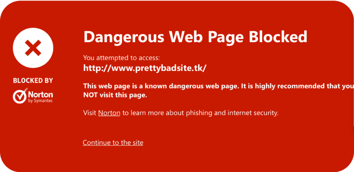 Image d'une page Web dangereuse bloquée par Safe Web.